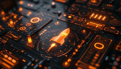 Poster - A glowing rocket icon is displayed on a futuristic digital dashboard with various other glowing graphical elements.