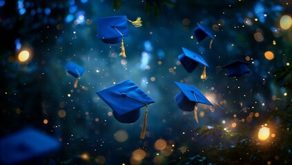 Blue graduation caps floating in the air surrounded by lights in a festive atmosphere.