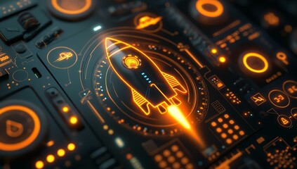 Poster - A glowing rocket icon surrounded by futuristic interface elements.