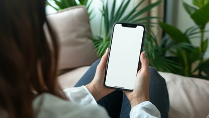 A woman sitting on a sofa holding a smartphone with a white screen, surrounded by green plants.