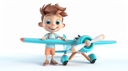 Sticker - A cute cartoon boy is standing next to a toy airplane.