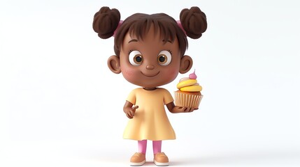 Wall Mural - A cute cartoon girl holding a cupcake.