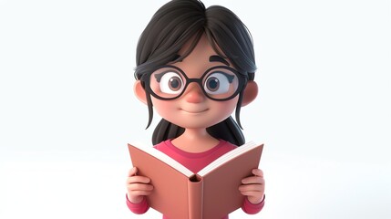 Wall Mural - A 3D render of a cute cartoon girl with brown hair and glasses, reading a book.