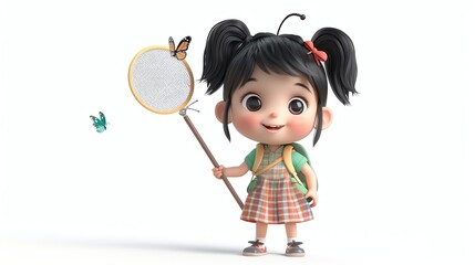 Poster - A cute cartoon girl in a plaid dress holds a butterfly net and smiles.