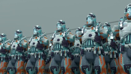 Wall Mural - A squad of robots, Space Guard soldiers in formation, 3d rendering