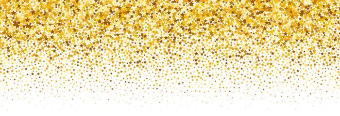 Wall Mural - Gold falling star confetti background. Repeated golden sparkle glitter pattern. Yellow and orange stars gradient wallpaper. Celebration Christmas, New Year or birthday party backdrop. Vector 