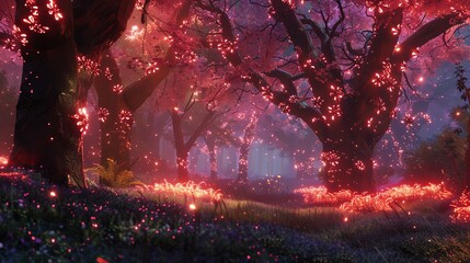 Wall Mural - a fantastical forest with trees glowing with magical light.