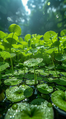 Poster - water drops on green leaf