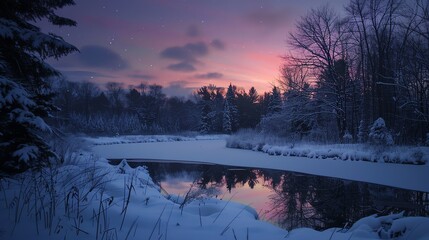 Wall Mural - A snowy forest scene with a frozen river and a starry sky.