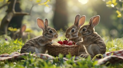 Canvas Print - Three bunnies gathered around a picnic basket of strawberries.