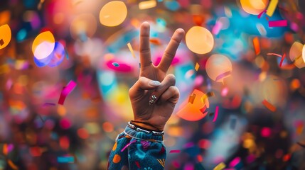 Poster - A hand making the peace sign with confetti falling in the background.
