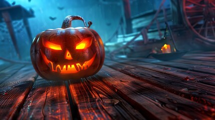 Scary halloween pumpkin on vivid planks very detailed and realistic shape