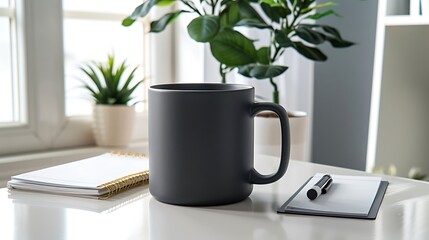 Professional appearance of an oversized dark grey mug on a white desk, complete with notepad and Ficus.
