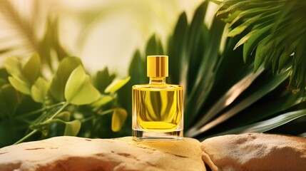 Wall Mural - Transparent yellow glass perfume bottle mockup with plants on background. Eau de toilette. Mockup, spring flat lay.