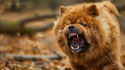 Wall Mural - A large chow chow dog with a menacing look on its face and teeth bared Beware of dog