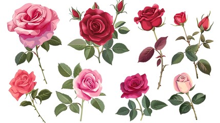 Wall Mural - Collection of beautiful rose flowers isolated on white background. Spring and summer red, pink roses floral branch and leaves. Generative Ai