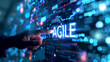 © Phichitpon - Agile software development scrum methodology boards. workflow, Finger touching virtual interface agile text .AI generative