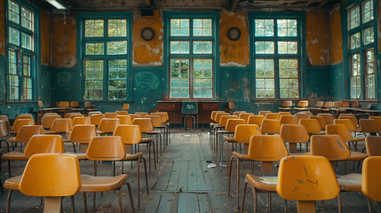 Sticker - rows of chairs in a school