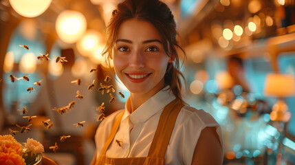 Poster - Cartoon of portrait of a woman and bees in the garden