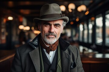 Portrait of a handsome senior man with hat and coat in a cafe.