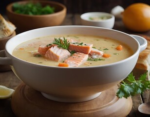 Creamy soup with salmon and dill in a bowl on a wooden background. Traditional Salmon Lohikeitto Soup
