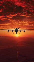 A lone drone flying against a backdrop of a blood-red sunset symbolizing the desolation of war