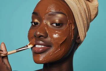 Wall Mural - A vibrantly lit commercial shot of a clay mask: a model applies the mask with a brush, showcasing the products smooth texture