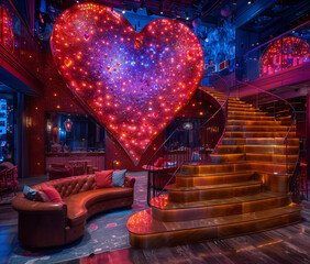 Poster - Stairs and heart-shaped lights in a nightclub