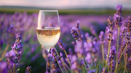 White Wine Glass in a Lavender Field with Violet Flowers in the Background