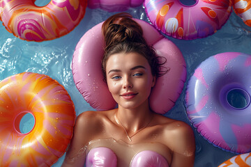 Poster - Portrait of a beautiful girl lying on a swimming ring in the pool