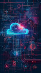 Poster - Security-focused cloud blueprint, emphasizing firewalls, encryption modules, access control gates, drawn in a bold style