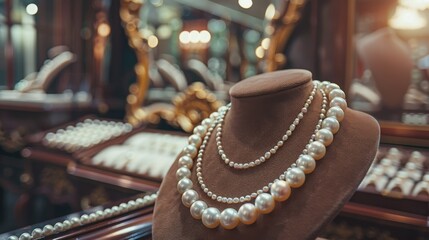 Elegant display of luxurious pearl necklaces in a vintage jewelry store, adorned with classic gold accents and soft lighting.