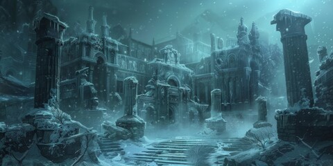Conceptual Art of a Frozen Graveyard, Capturing the Chilling Halloween Theme, Nighttime, Cold, Game World, Quiet, Desolate, Winter, Christmas, Ice Sculpture City, AI-Generated High-Resolution Wallpape