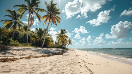 Wall Mural - sand beach with palm trees in the sculpted caribbean island. White clouds on blue sky