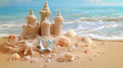 Wall Mural - Sandcastle built on sandy beach with seashells and seaweed , sandcastle, beach, sand, seashells, seaweed, ocean, summer