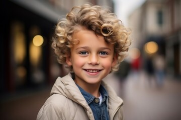 Portrait of a cute little boy with curly hair in the city