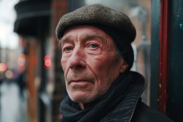 Wall Mural - Portrait of an elderly man in a hat and scarf on the street