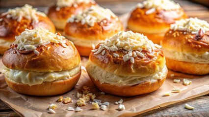 Wall Mural - Golden brown freshly baked sweet buns smothered in rich cream cheese frosting and topped with toasted shredded coconut on parchment.