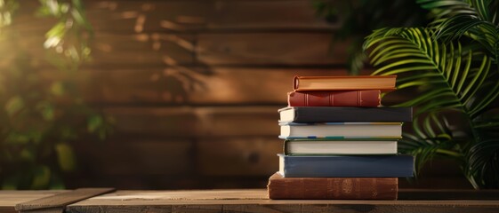 Wall Mural - Stack of colorful educational books on a wooden shelf, warm and inviting light