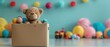 © FoxGrafy - Donation box with toys on floor, child's room, colorful background