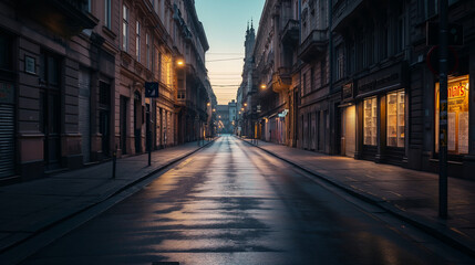 Naklejka na meble Twilight Silence: Desolate City Street with Dimly Lit Lanterns and Empty Pavement