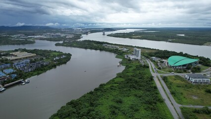 Kuching, Malaysia - July 1 2024: The Isthmus with the Twin Towers, Barrage and Borneo Convention Centre Kuching