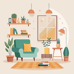 Wall Mural - decorations, room, cozy, minimalist, Minimalistic cozy room with minimalist living and collecting decorations on white background