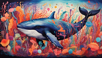 Wall Mural - A large blue whale swims through a vibrant coral reef