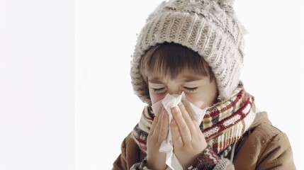 A kid with a cold, sneezing and holding a tissue,on white background