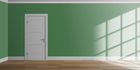 Wall Mural - empty  room interior green color wall with closed entrance  door wooden floor window light vector illustration