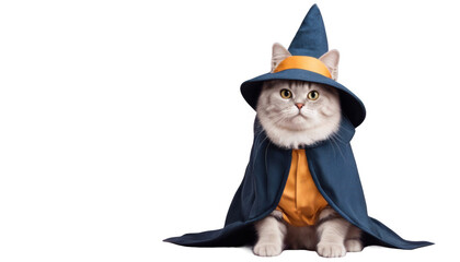 Wall Mural - Adorable cat dressed as a wizard with a blue hat, isolated with transparent concept, perfect for magical and Halloween themes.