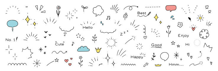 Doodle line elements of shiny pen. Heart, accent, star, icon with shiny decorations, flowers, heart.  Vector illustration.