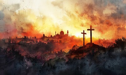 Wall Mural - View on the three Crosses on Golgotha from the Holy Sepulchre at sunrise. Digital watercolor painting illustration, Generative AI