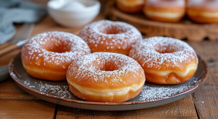 Wall Mural - A Plate of Freshly Made Sugar-Dusted Donuts Held by a Person